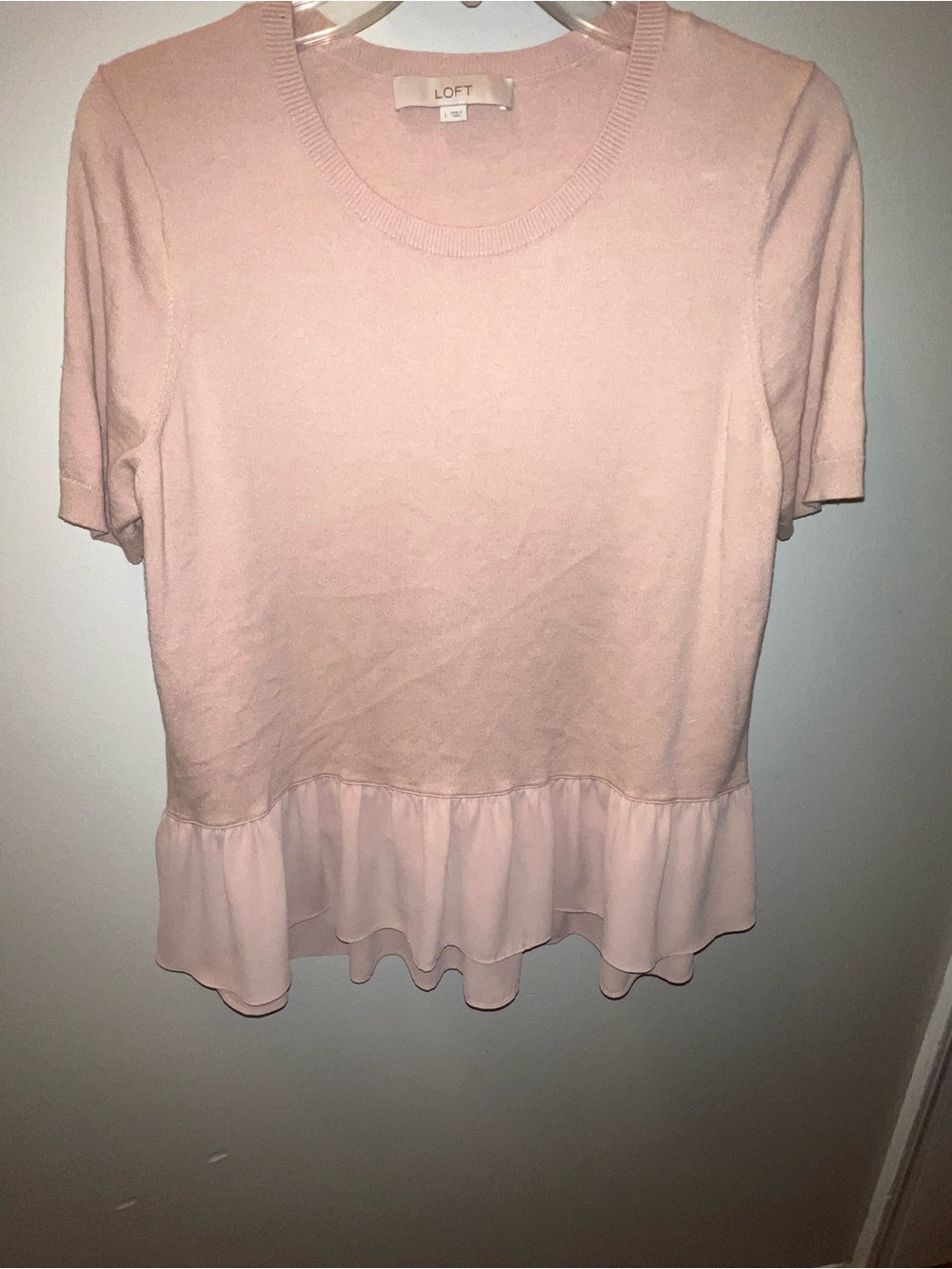 LOFT Blush Pink Short Sleeve Knit Top with Chiffon Ruffle Hem - Size Large